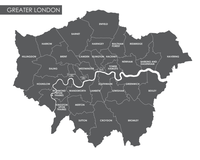 Black and White Map of London and Greater London showing the areas ChipsAway offer paintwork repair services.