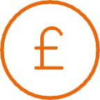 orange British pound icon with orange circle around it no background