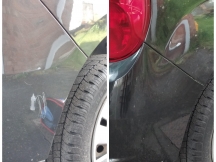 Before and After photo of black car with rear bumper scratch and results of repair